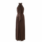 Coco Paris Fashion LLC chocolate brown jersey convertible maxi dress with halter neck and ruched waistband.